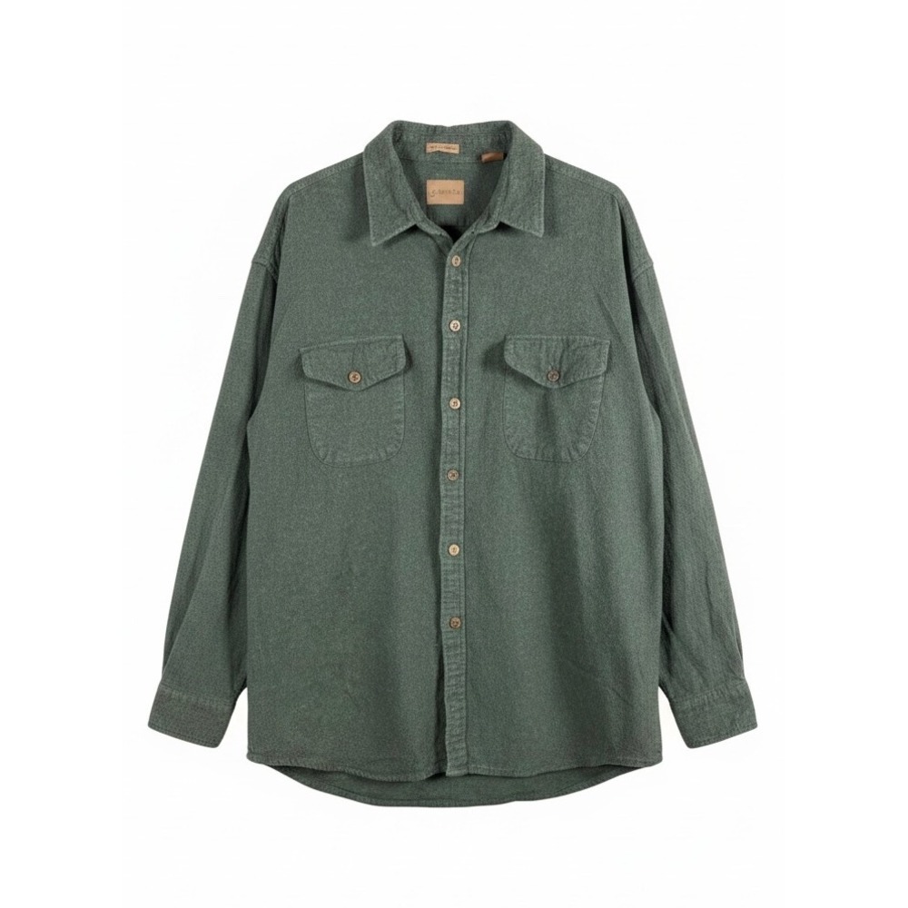 St Johns Bay Green Chamois Cloth Shirt Cotton Button Down Thick Workwear Heavy